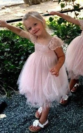 Cap-sleeved Square Neck Tulle&Lace  Dress With Flower