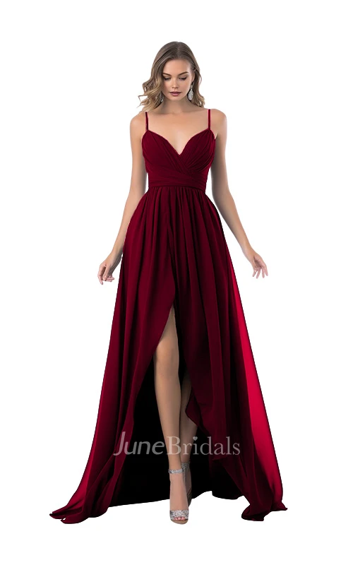 Romantic A-Line Spaghetti Chiffon Bridesmaid Dress with Split Front