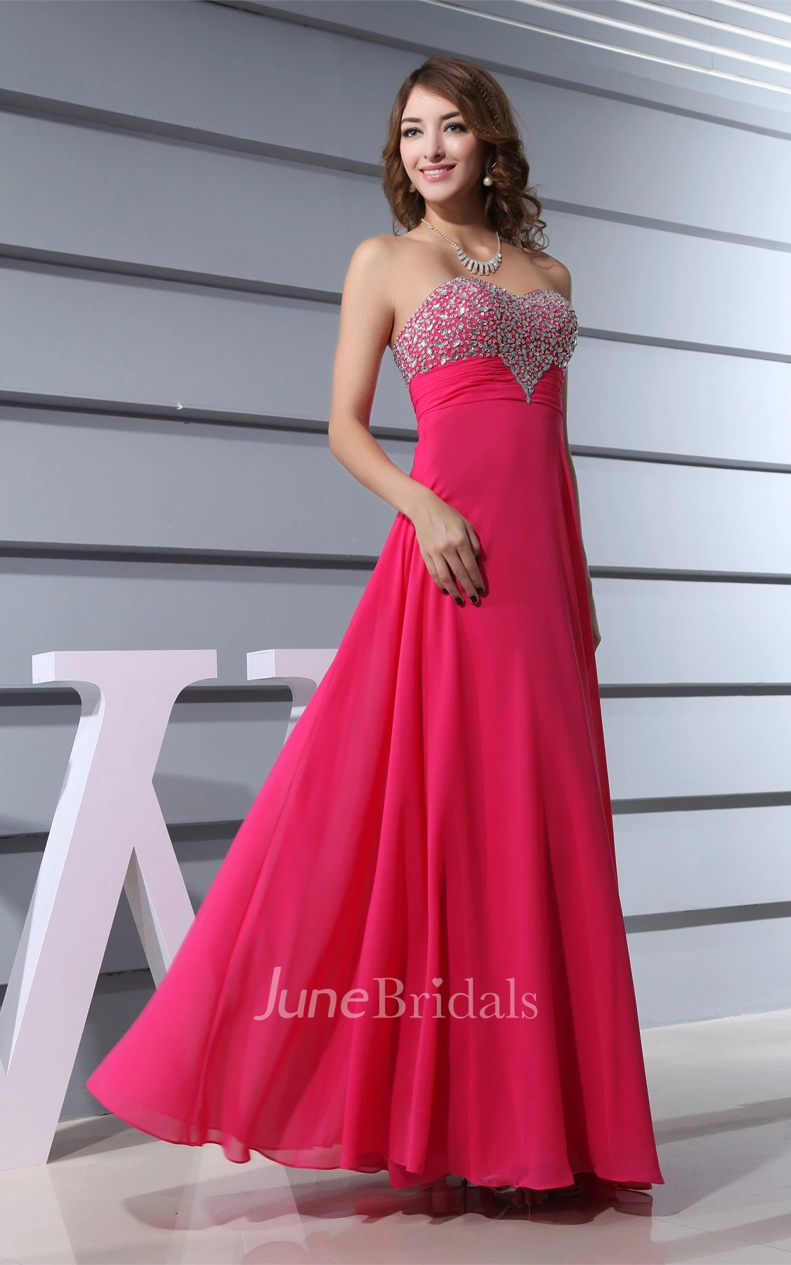 Strapless Pleated Chiffon Long Dress with Jeweled Top