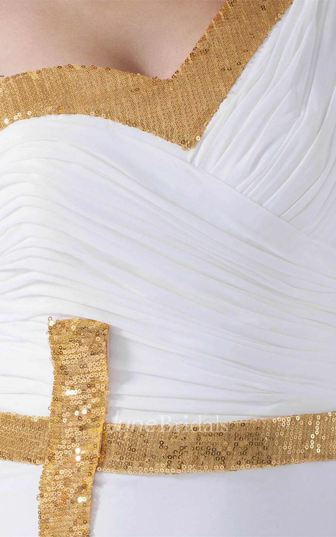 One-Shoulder Chiffon Front-Split Dress with Ruching and Sequins