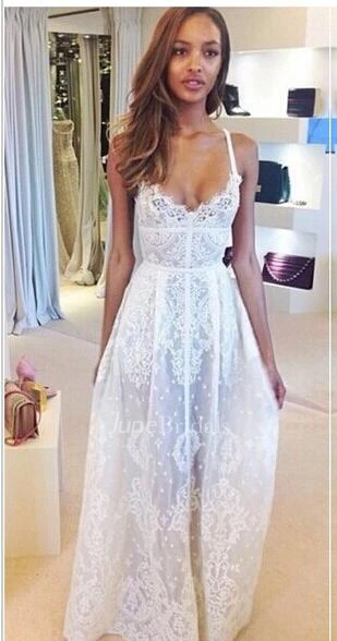 Glamorous Sleeveless Spaghetti Straps Prom Dress With Lace Floor Length Evening Gowns