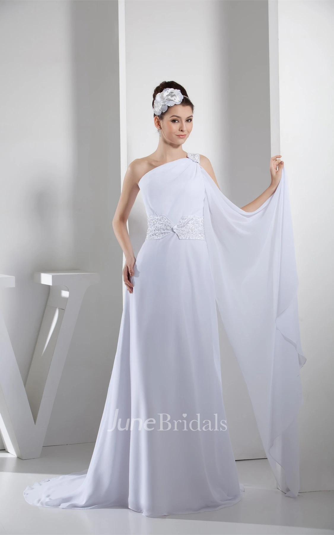 Side Draping One-Shoulder A-Line Dress with Beadings and Brush Train