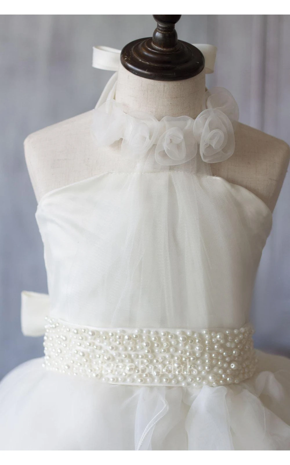 Off White a Line Asymmetric Halter Neck Flower Girl Dress With Beading Rosette