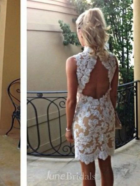 Sheath Column High Neck Sleeveless Short Mini Lace Dresses