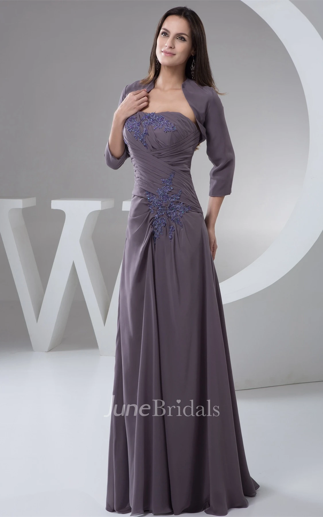 Strapless Chiffon Sheath Dress with Appliques and Bolero