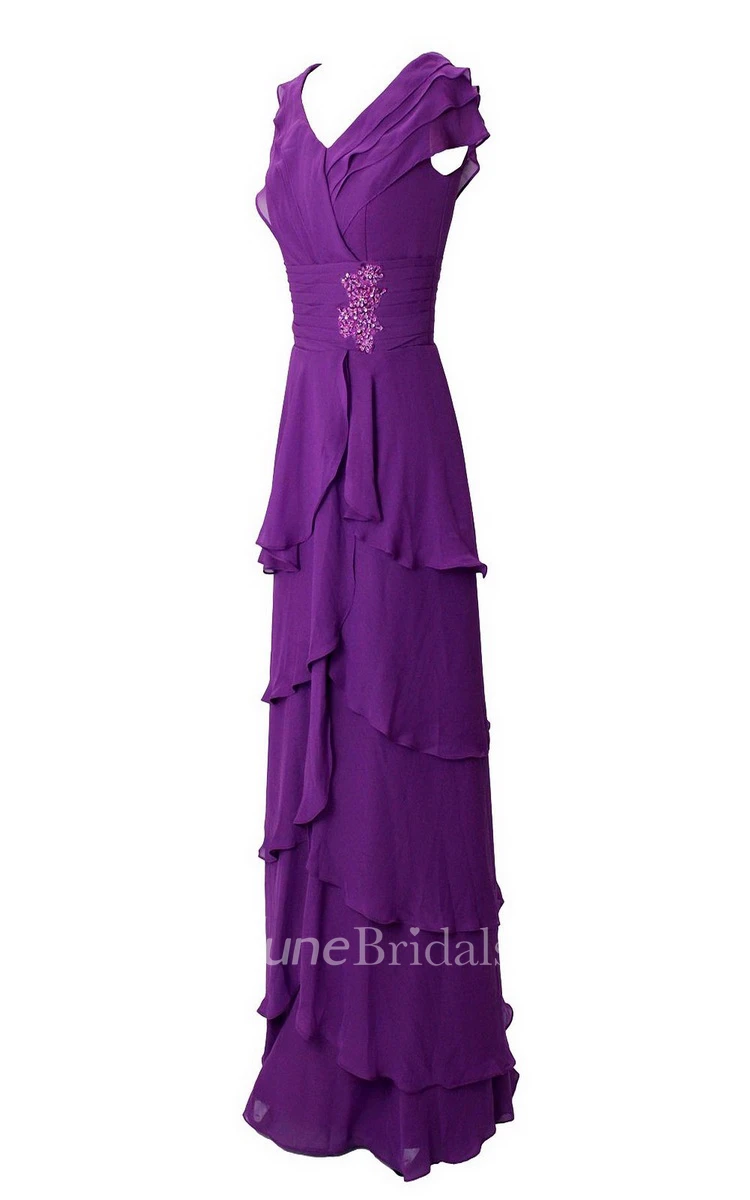 Cap-sleeved Tiered Long Chiffon Dress With Sequins