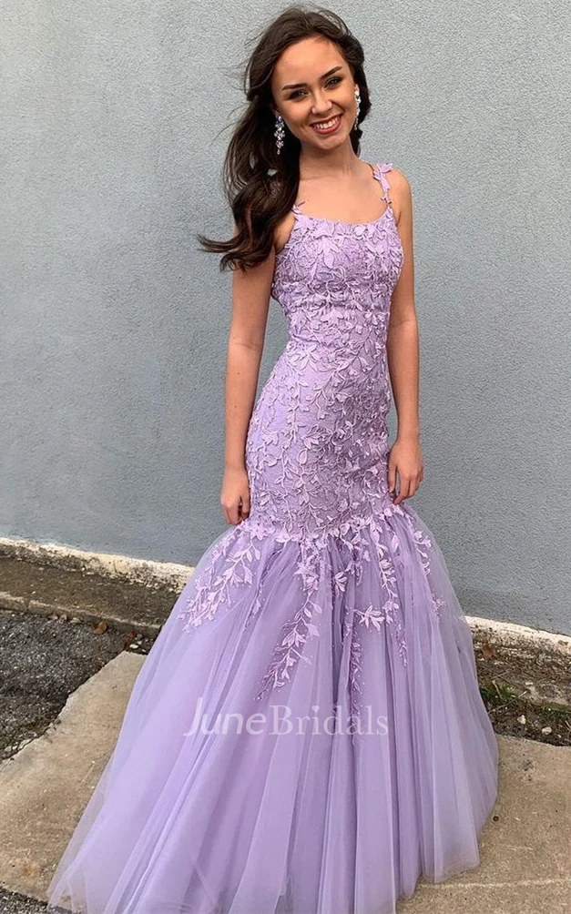 Modern Mermaid Tulle Scoop Straps Sleeveless Formal Dress with Appliques