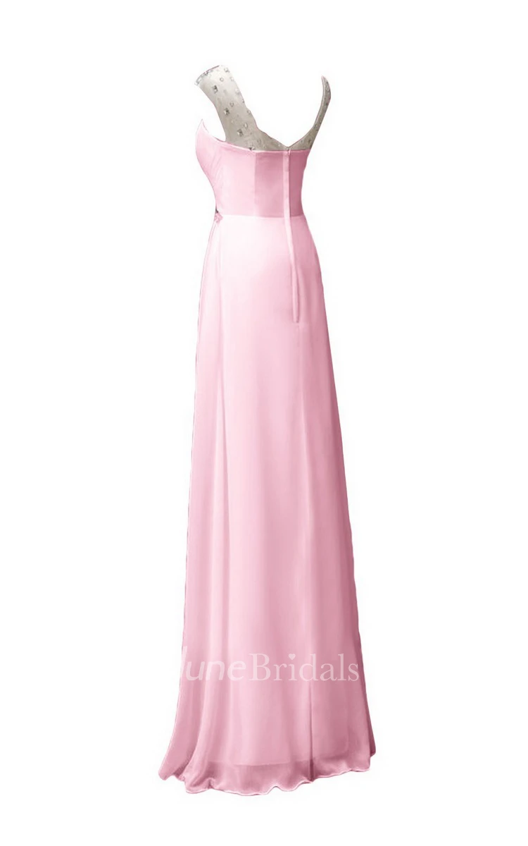 Sleeveless Long Ruffled Chiffon Dress With Beaded Neck