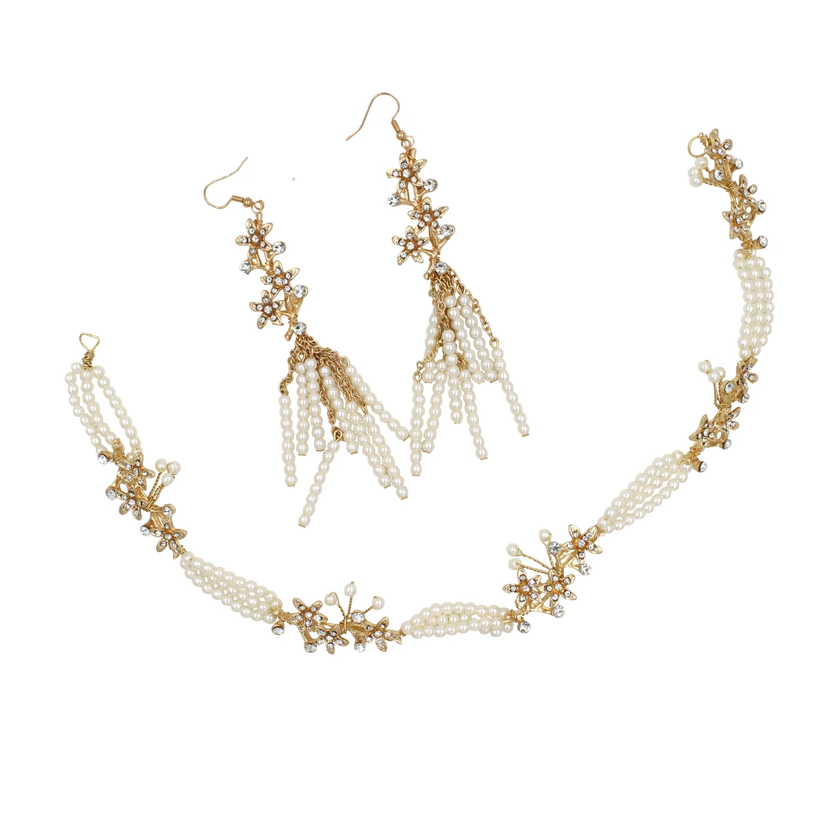 Trendy Pearl Alloy Bridal Headbands and Earrings 
