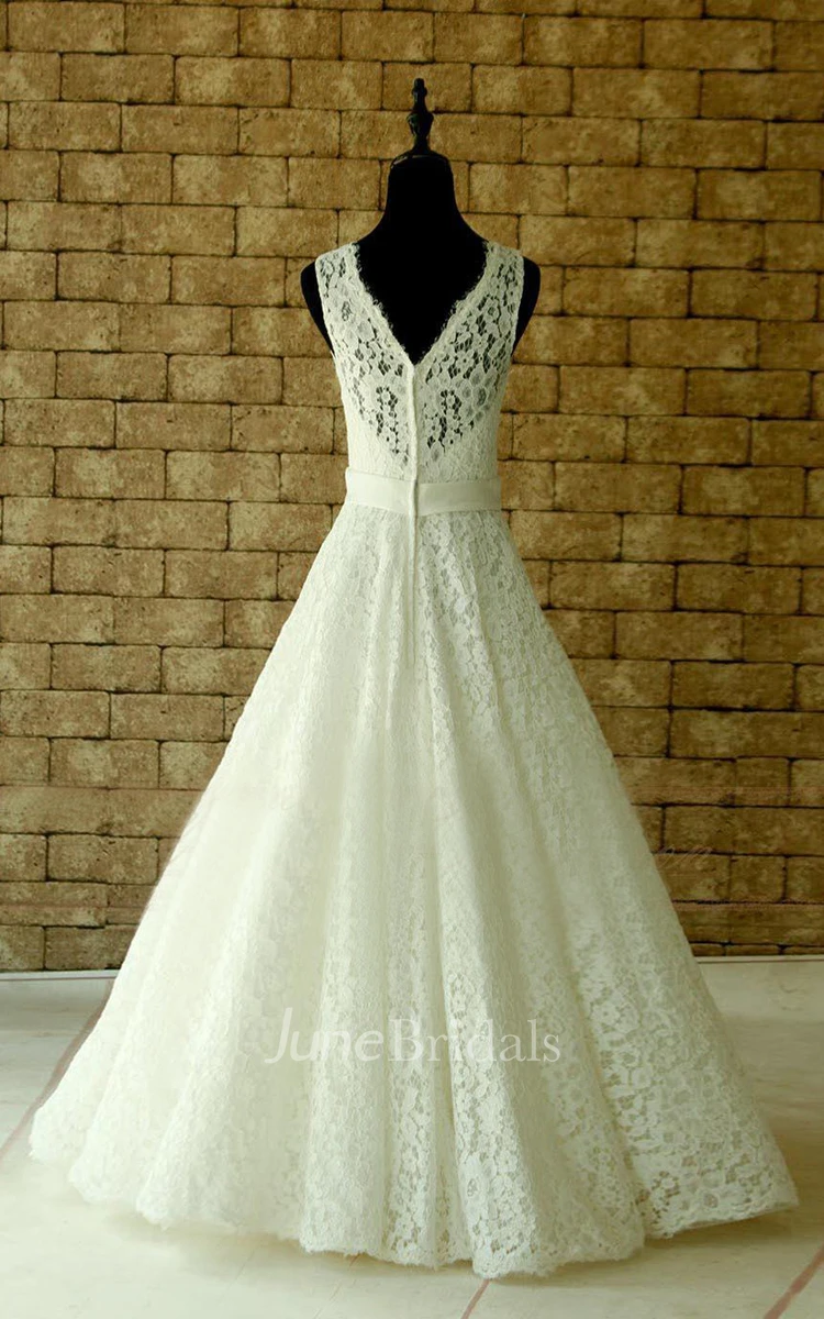 Lace Wedding Sheer Neckline With Waistband Floor Length Garden Dress