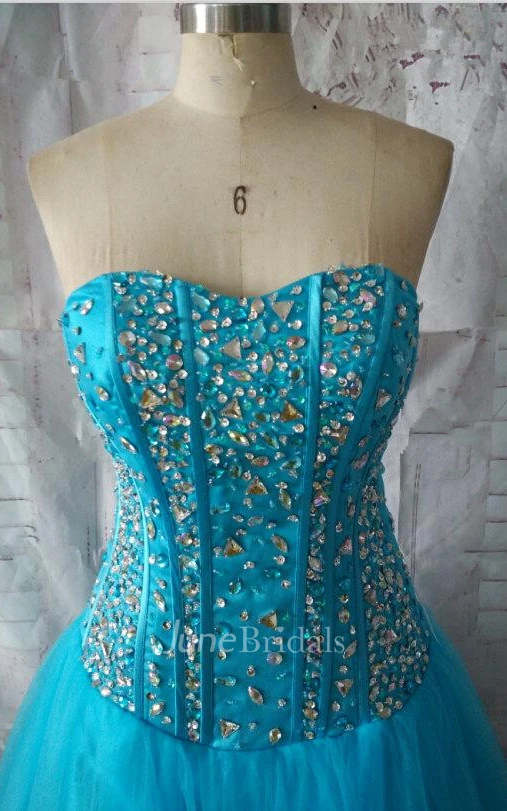 Long Strapless Tull Corset Dress With Beading And Lace-up Back