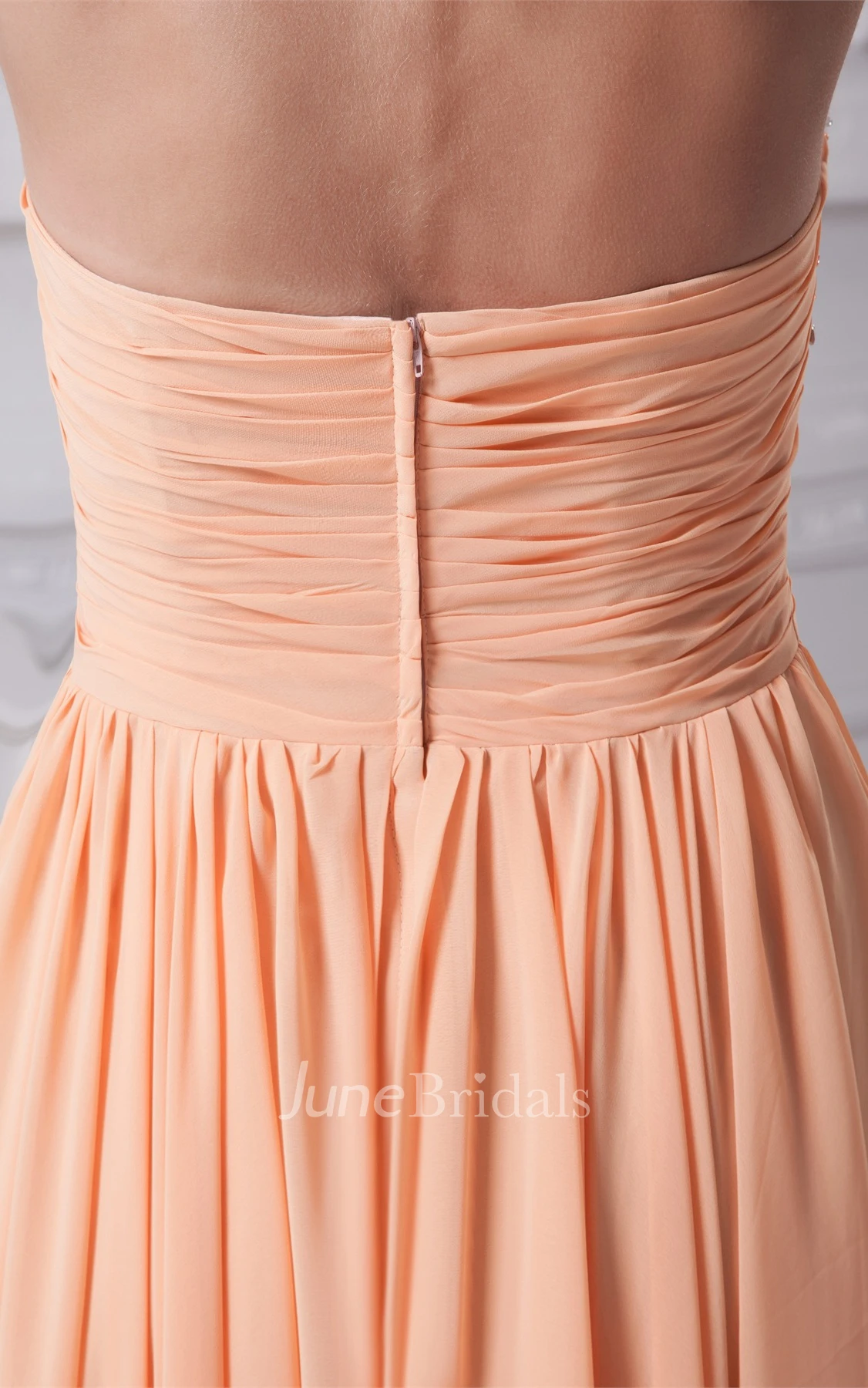 Sleeveless Ruched Chiffon A-Line Gown with Halter and Jeweled Top