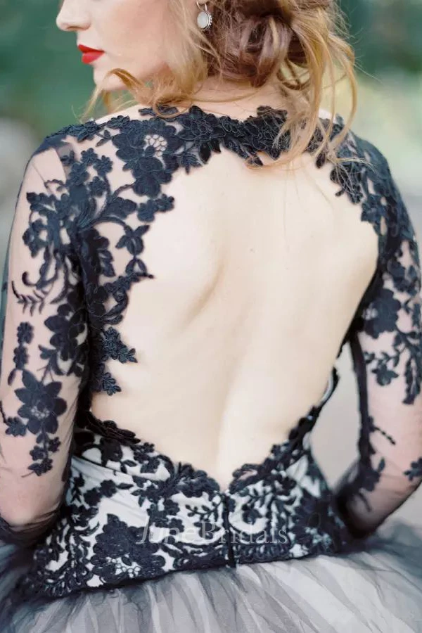 A-Line V-neck Lace Tulle Floor-length Long Sleeve Wedding Dress with Keyhole