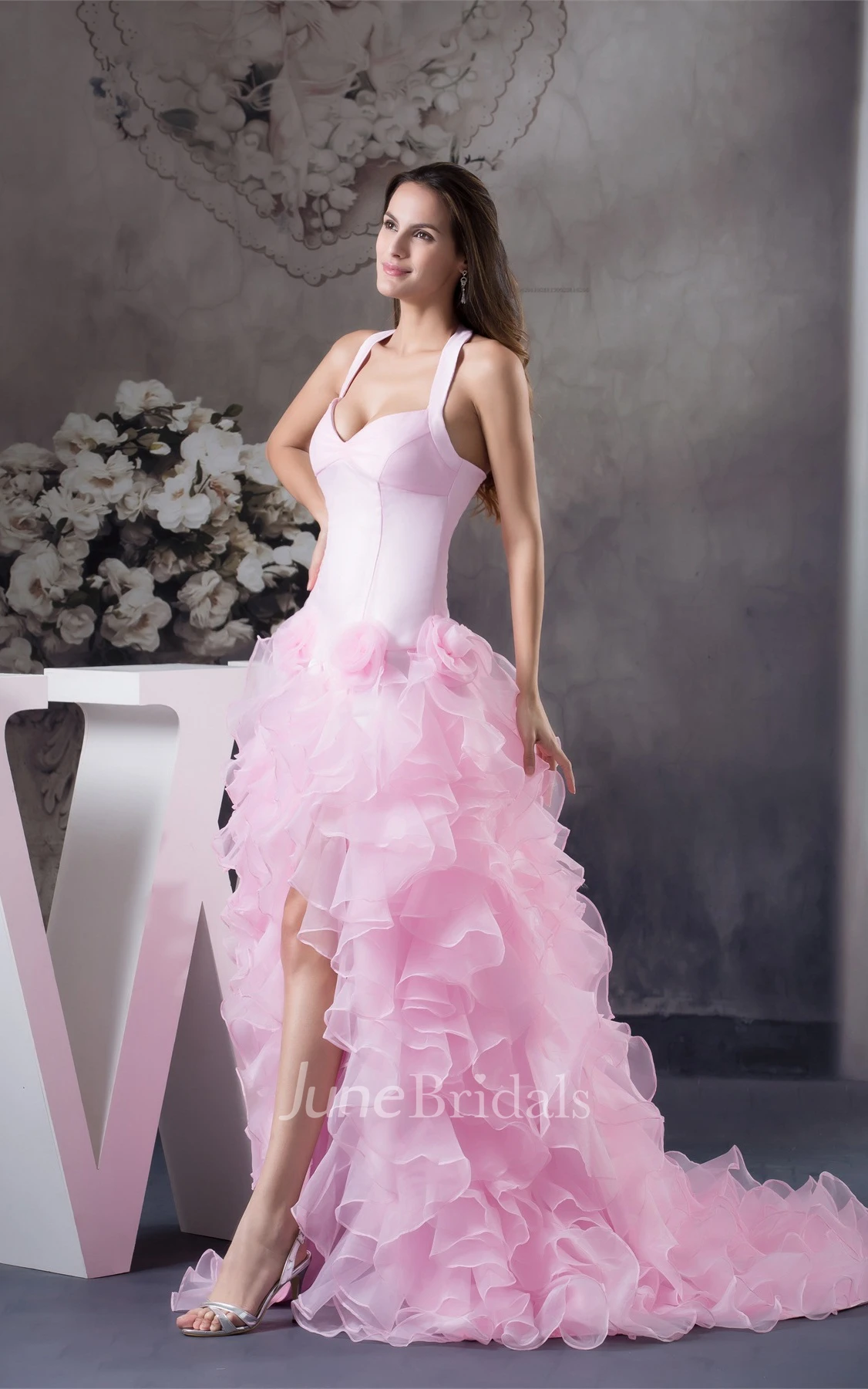 Pastel Front-Split Ruffled Dress with Flower and Halter