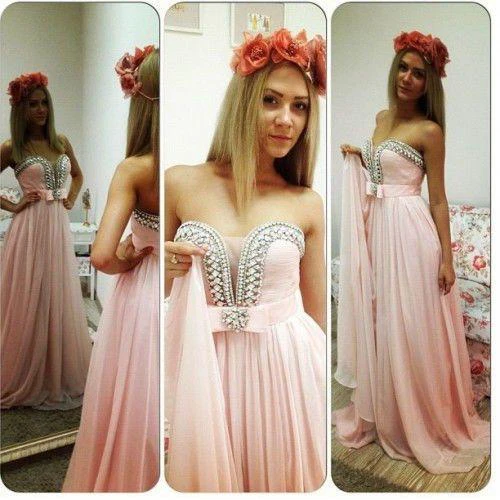 Romantic Pink Chiffon Beadings Prom Dress Sweep Train Bowknot
