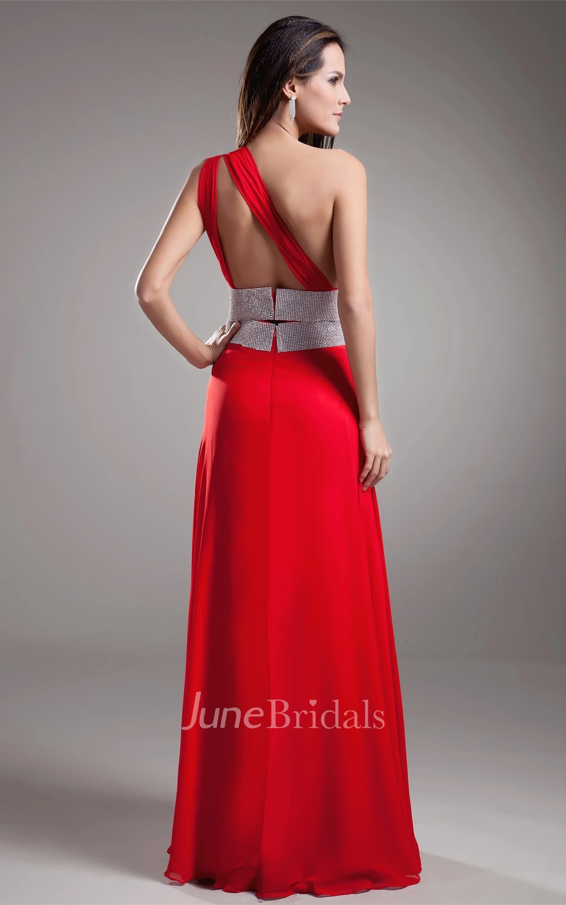 Flamboyant Chiffon One-Shoulder Long Dress with Jeweled Waist