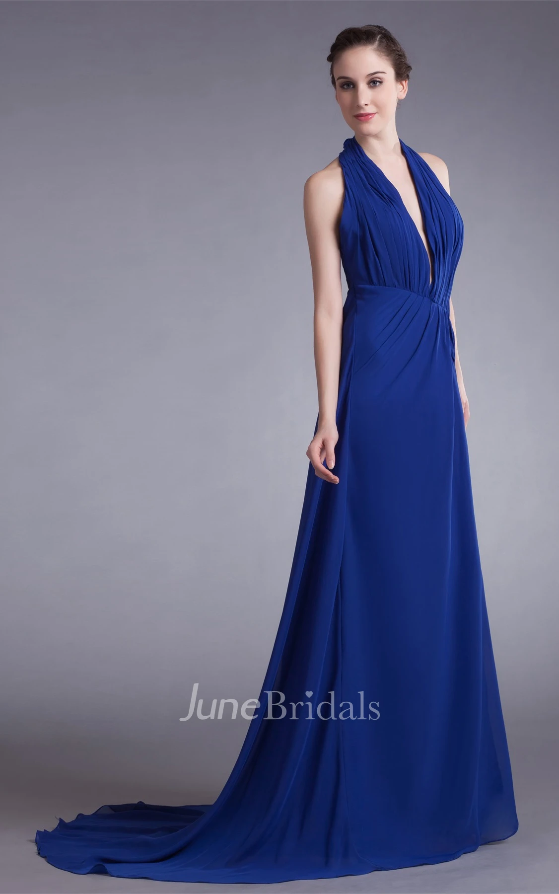 chiffon plunged sleeveless front-split dress with draping