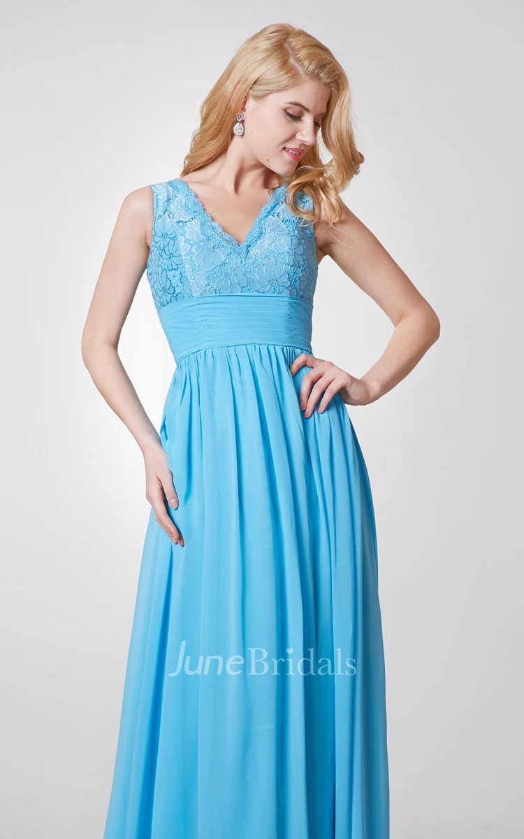 Elegant Sleeveless A-line Long Chiffon and Lace Dress