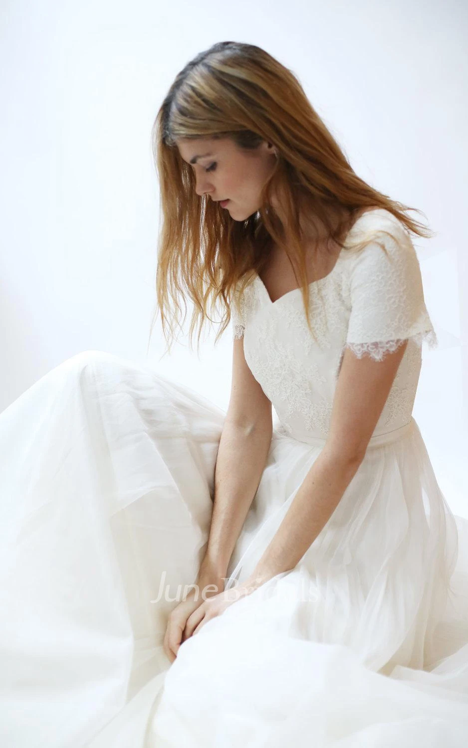 V-Neck Short Sleeve A-Line Tulle Wedding Dress With Lace Bodice