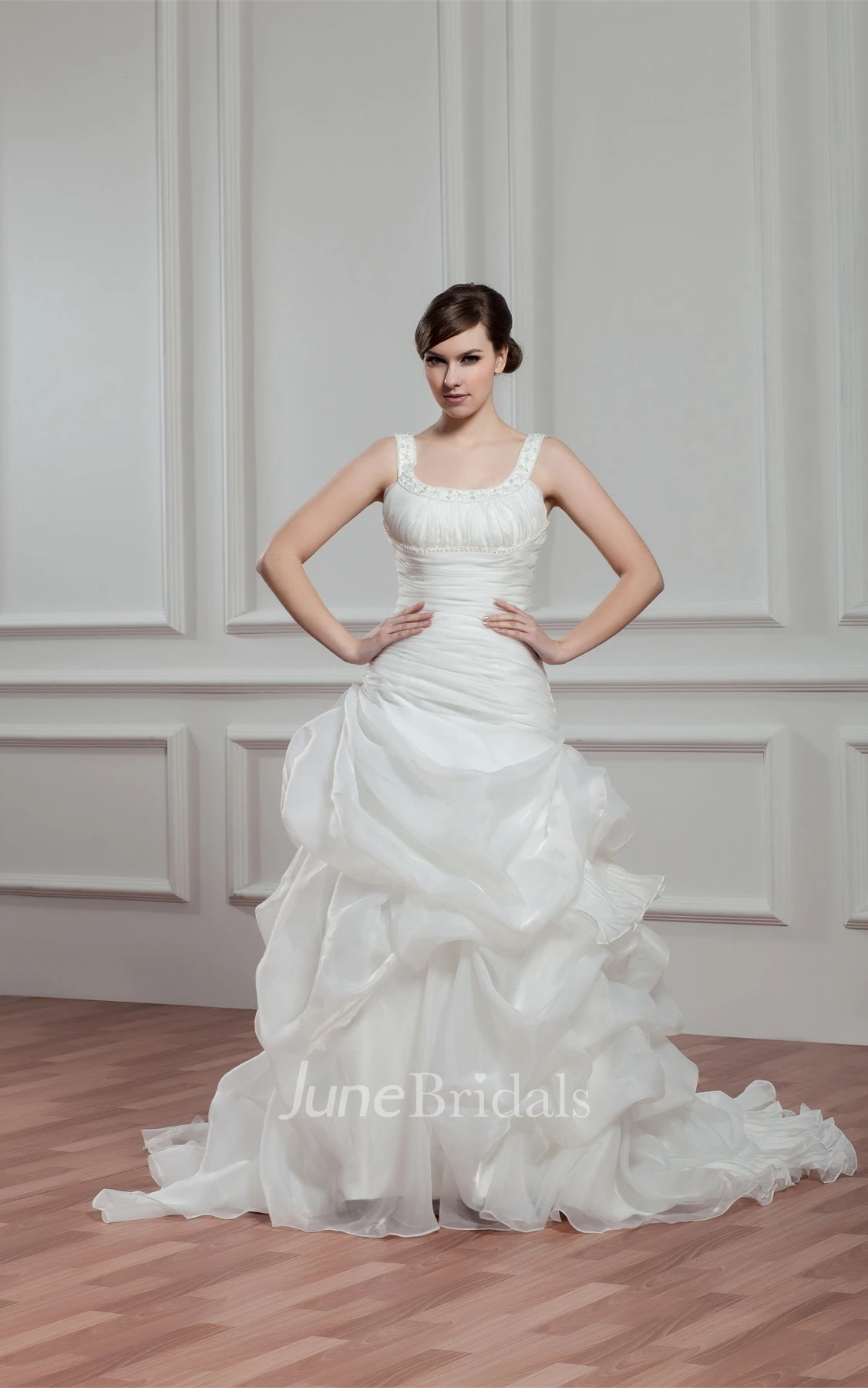 Strapped Pick-Up A-Line Gown with Beading and Ruched Bodice