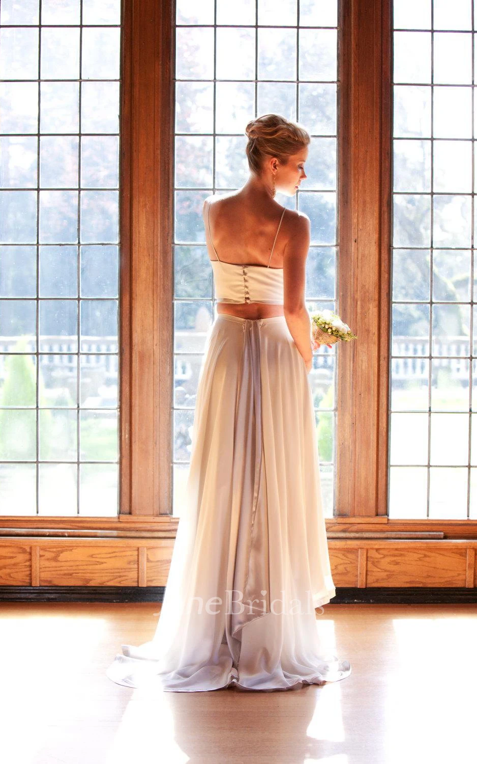 Two Piece High-Low Chiffon Wedding Dress With Crop Top