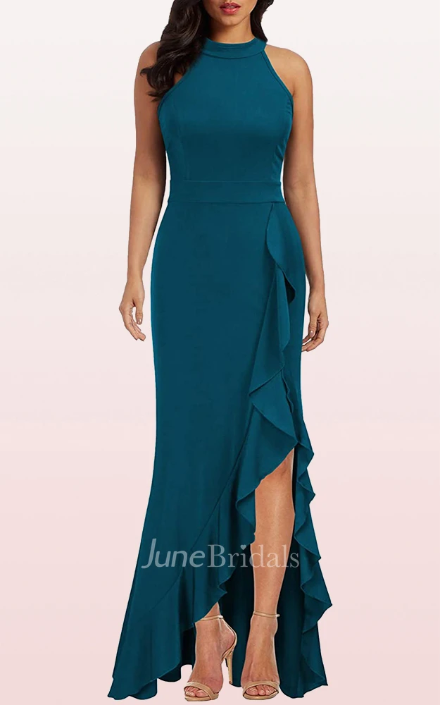 Sheath Halter Jersey Sleeveless Evening Dress With Ruffles and Split Front