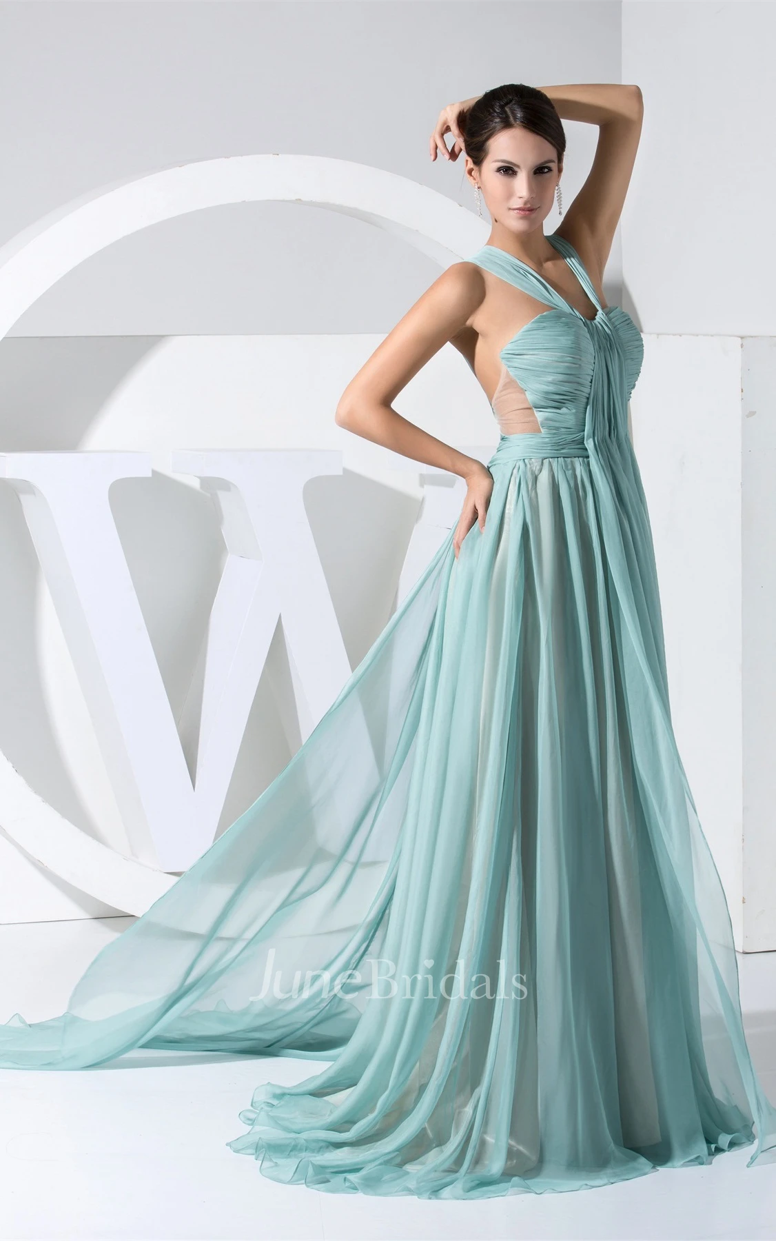 Side Illusion V-Neck Sweetheart Ruched Gown with Pleats and Zipper Back