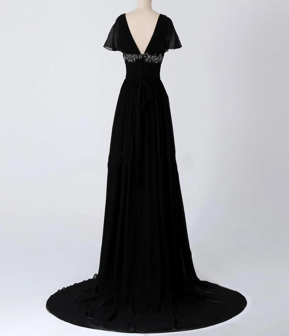 A-line V-neck Sweep Train Chiffon Dress With Beading