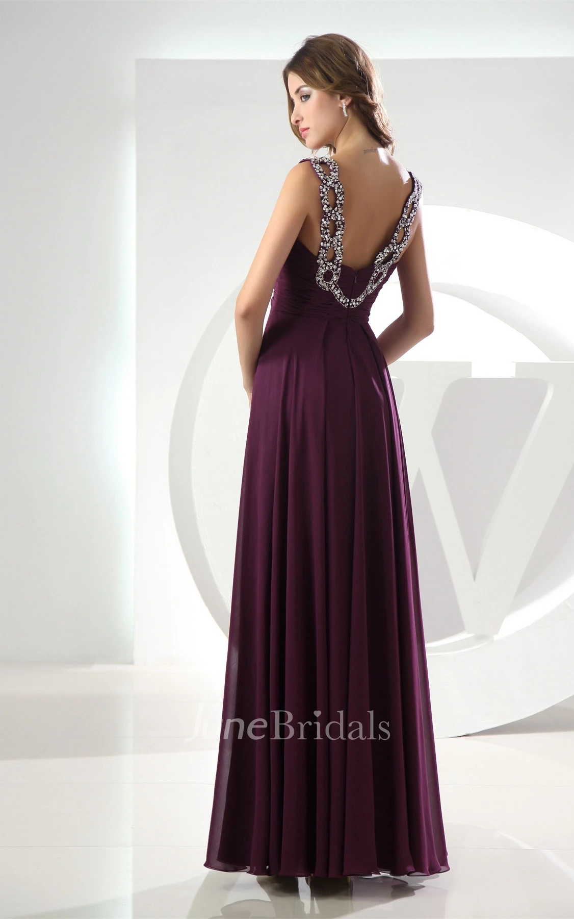 Plunged Chiffon Ankle-Length Dress with Beading and Keyhole