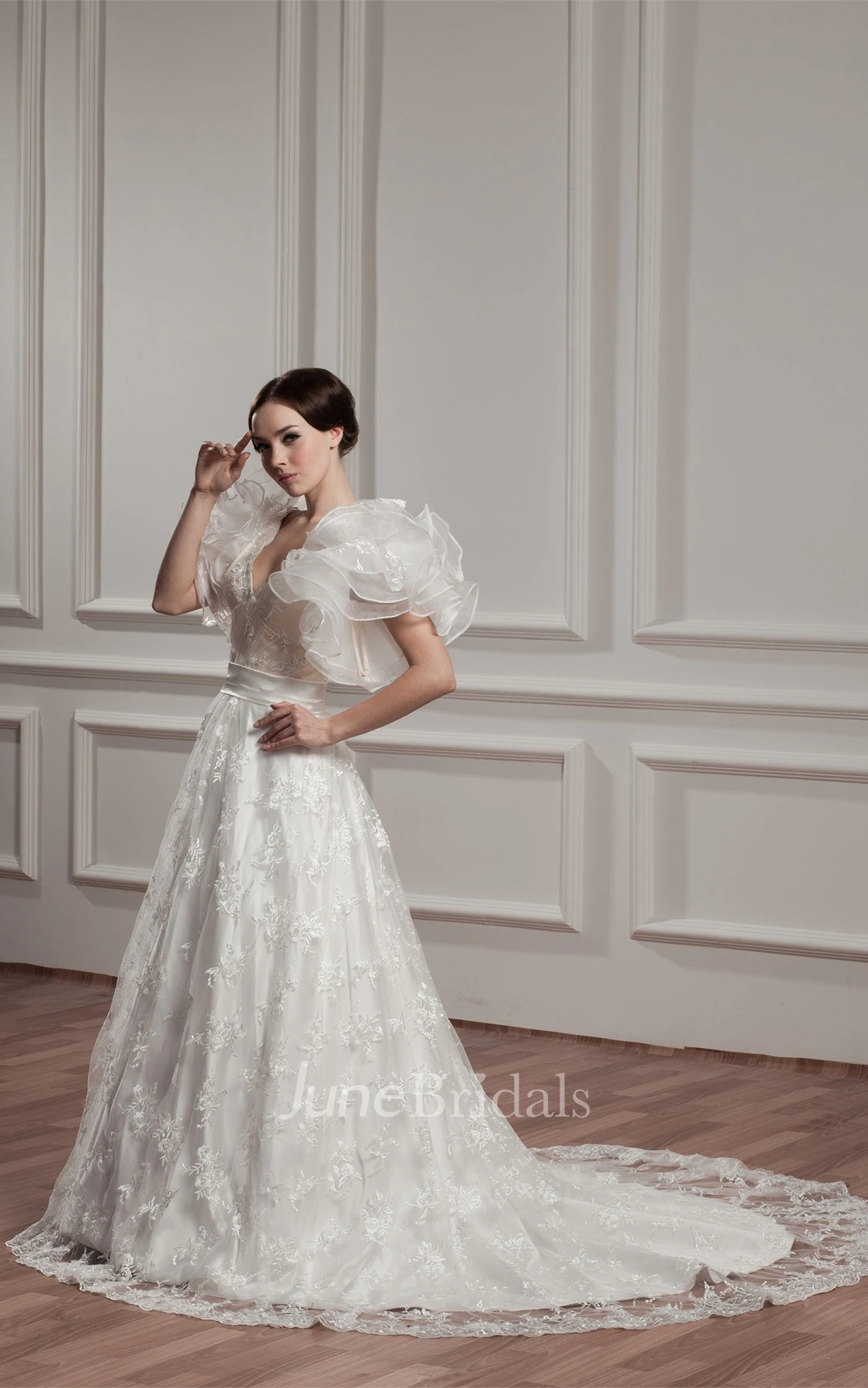 Plunged Ruffled A-Line Gown with Lace and Court Train
