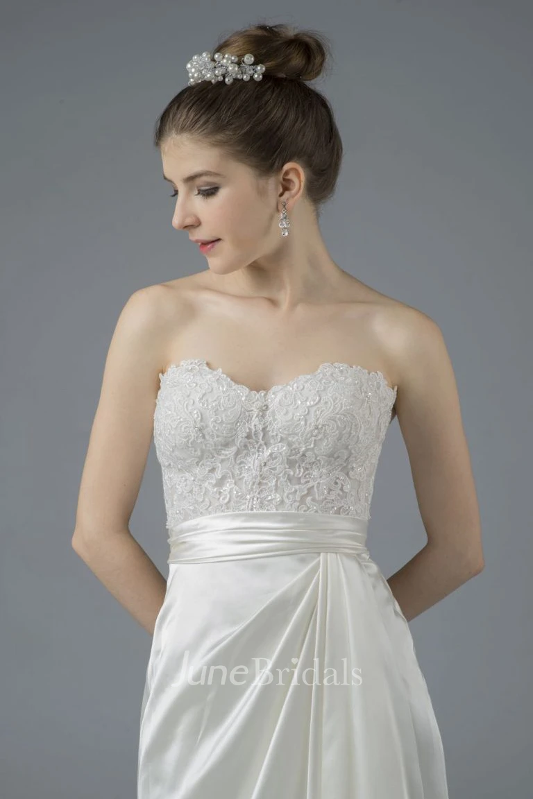 Elegant Sweetheart Open Back Satin Lace Appliques Gown With Draping And Buttons