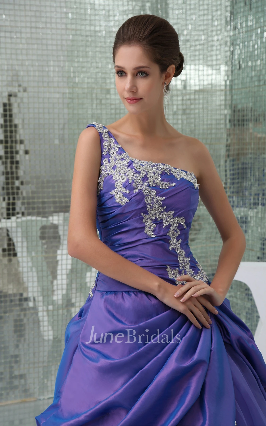 One-Shoulder Ruched Pick-Up Ball Gown with Appliques
