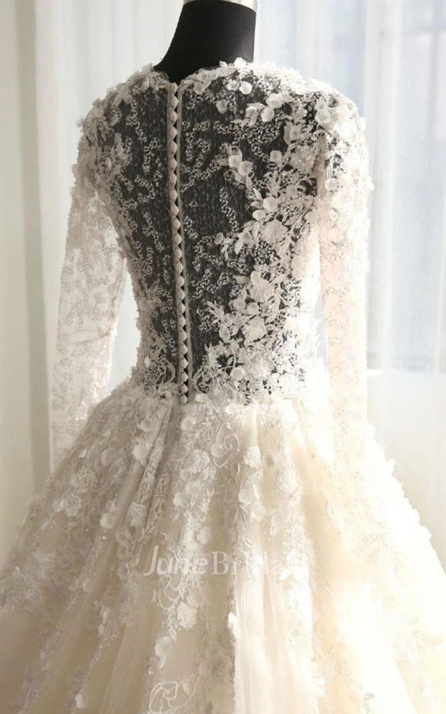 A-Line Long Long Sleeve Bell Beading Appliques Flower Zipper Keyhole Tulle Lace Dress