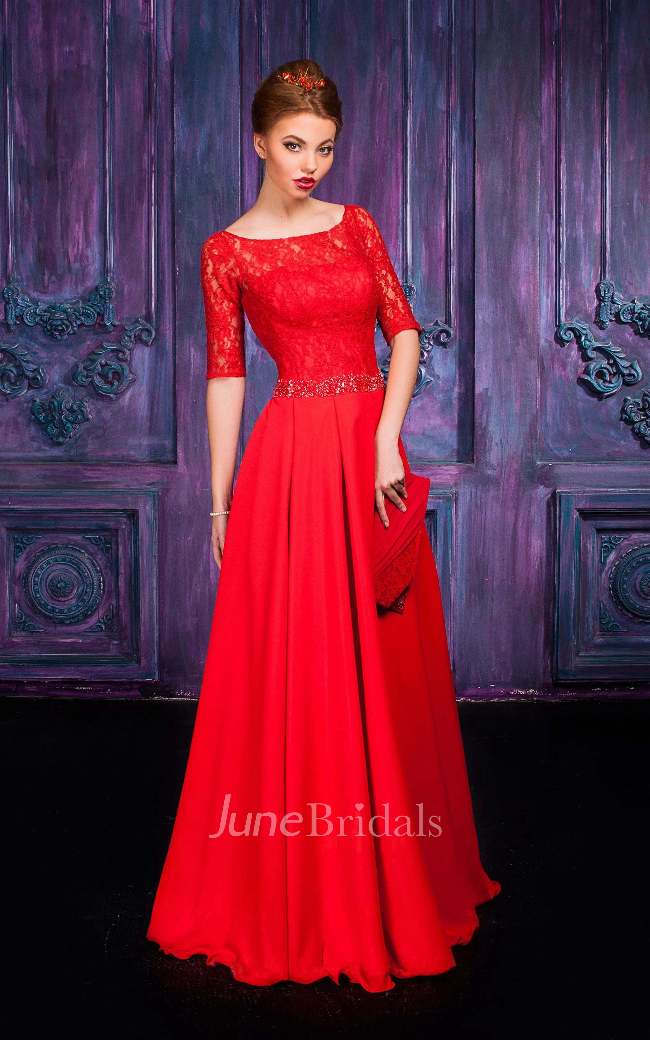 Jewel Chiffon Floor-Length A-Line Zipper Half-Sleeve Dress