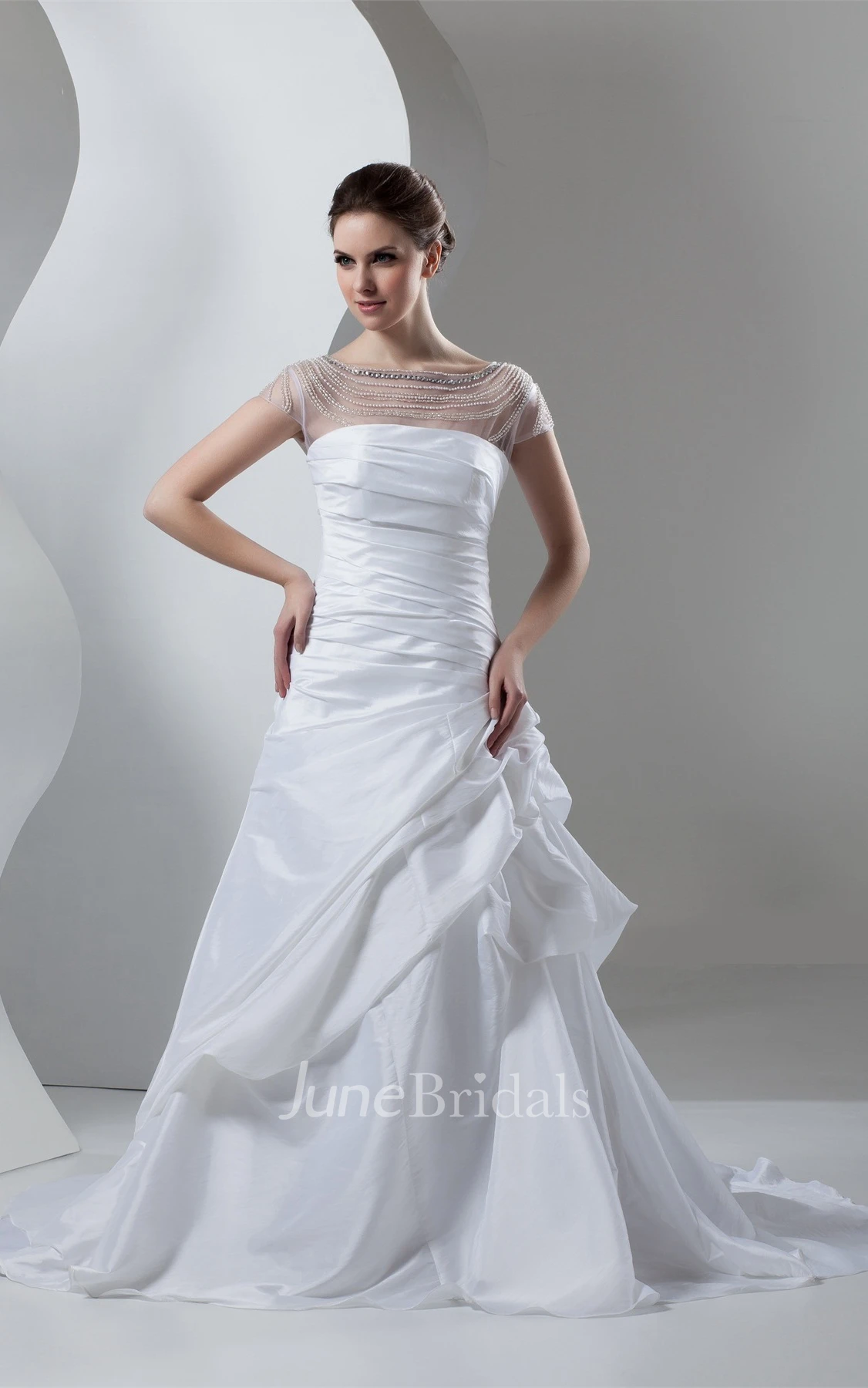 Caped-Sleeve Pick-Up A-Line Gown with Ruching and Illusion Neckline