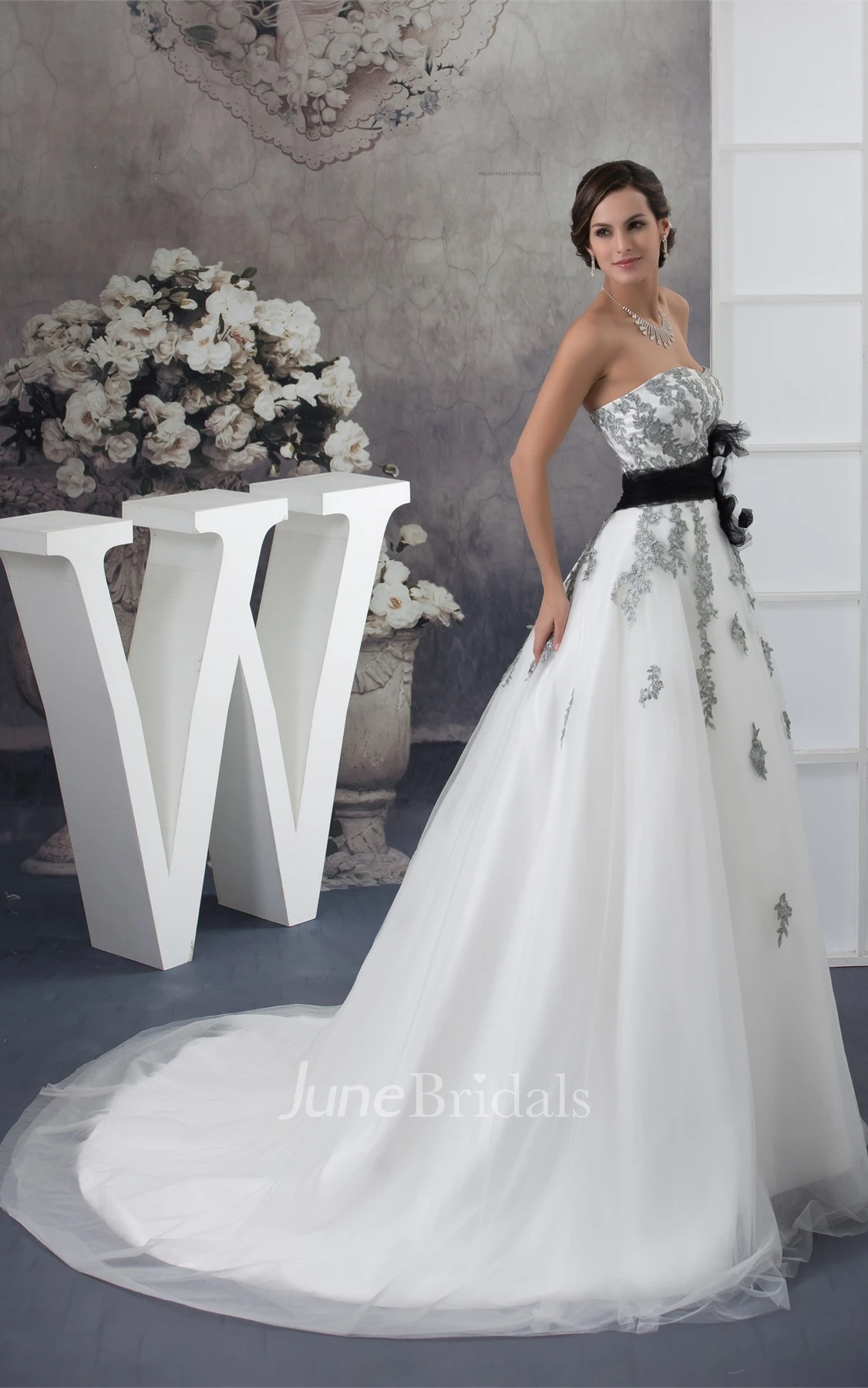 Strapless Appliqued Ball Gown with Flower and Tulle Overlay