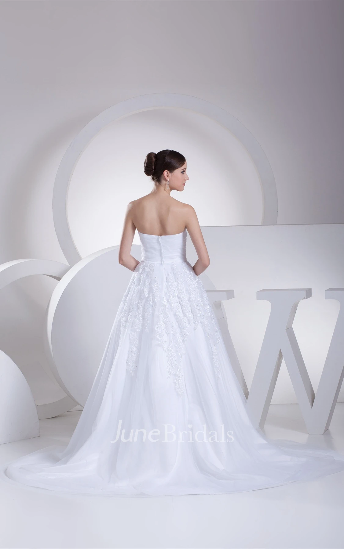 Strapless Ruched A-Line Gown with Appliques and Gemmed Waist