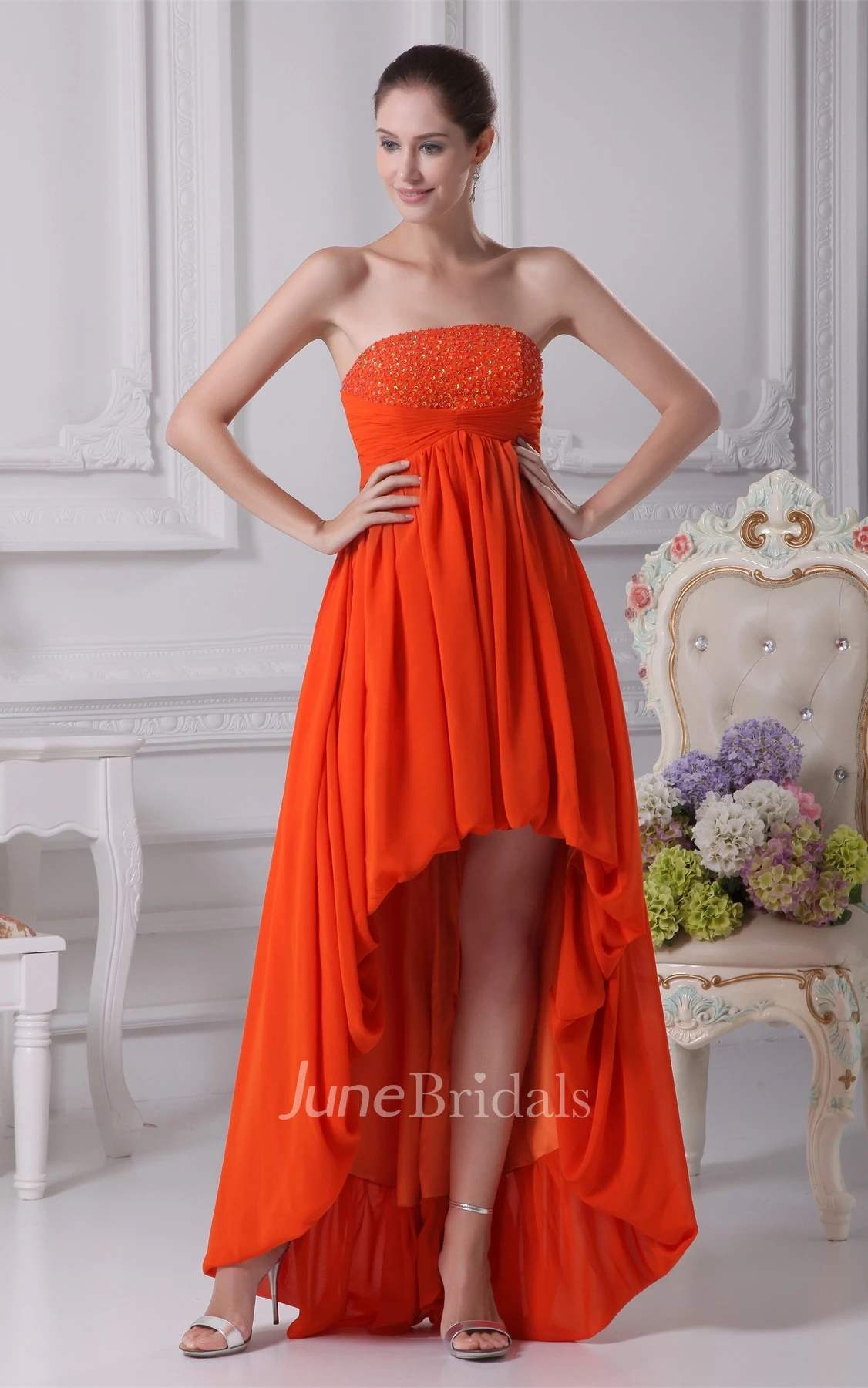 Strapless Gemmed High-Low Chiffon Dress with Pleats