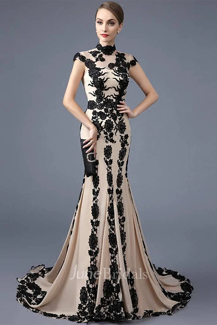 Cap Sleeve High Neck Mermaid Long Lace Dress 