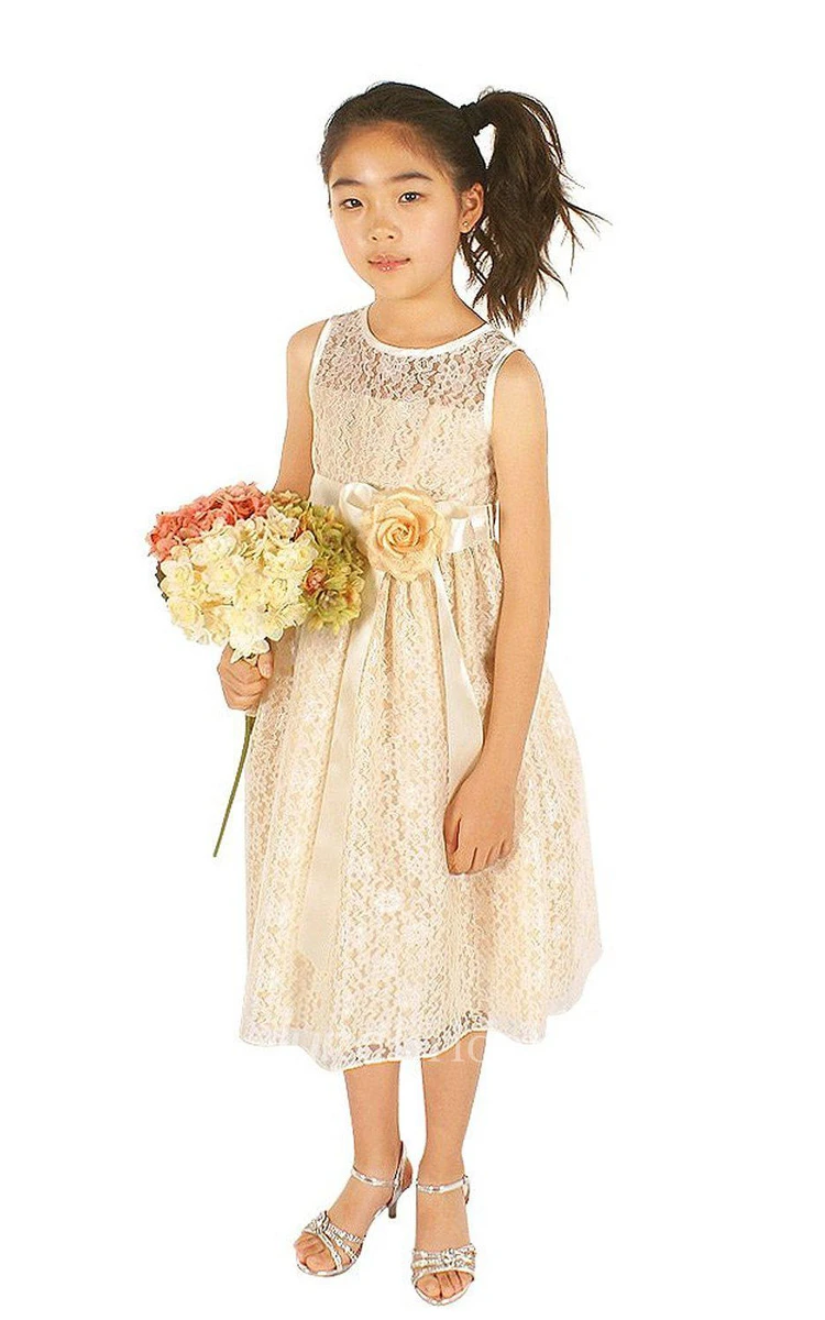 Sleeveless A-line Lace Dress With Floral Sash
