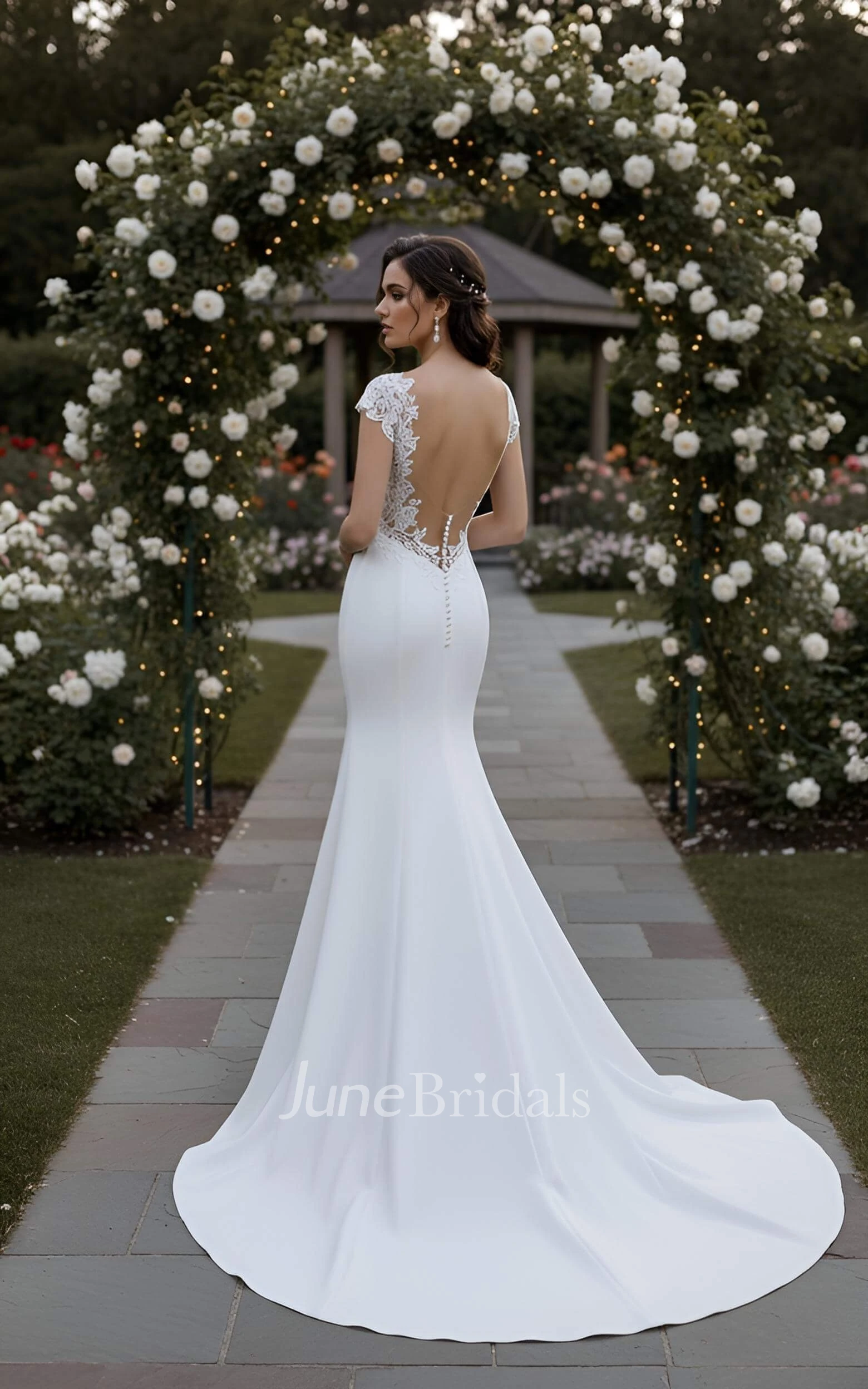 Simple V Neck Lace Cap Sleeve Mermaid Wedding Dress Modern Solid Satin Open Back Bridal Gown