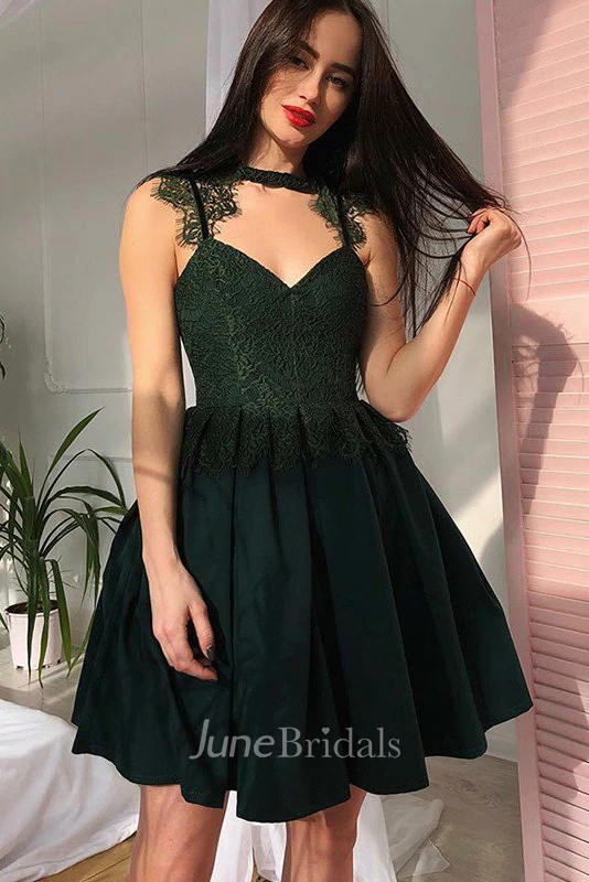 A-line High Neck V-neck Sleeveless Lace Pleats Ruching Short Mini Chiffon Lace Homecoming Dress