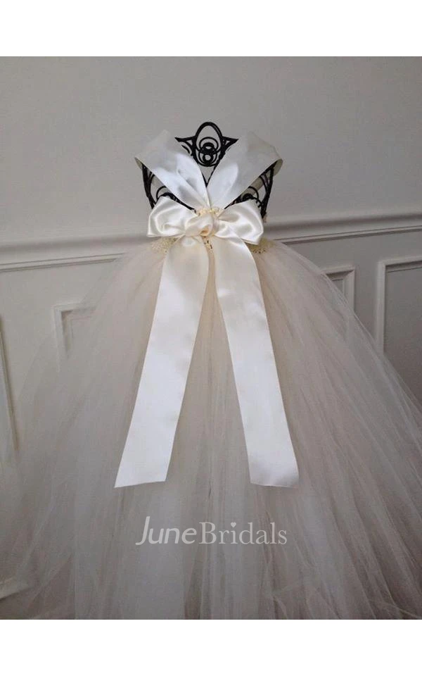 Ivory Flower Sleeveless Empire Waist Beaded Detailing Tulle Dress