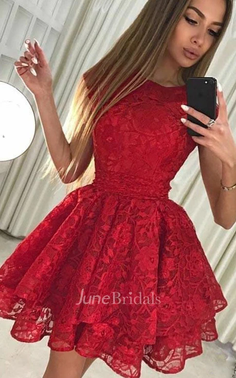 Adorable A Line Lace Jewel Short Sleeve with Bow and Petals Homecoming Dress
