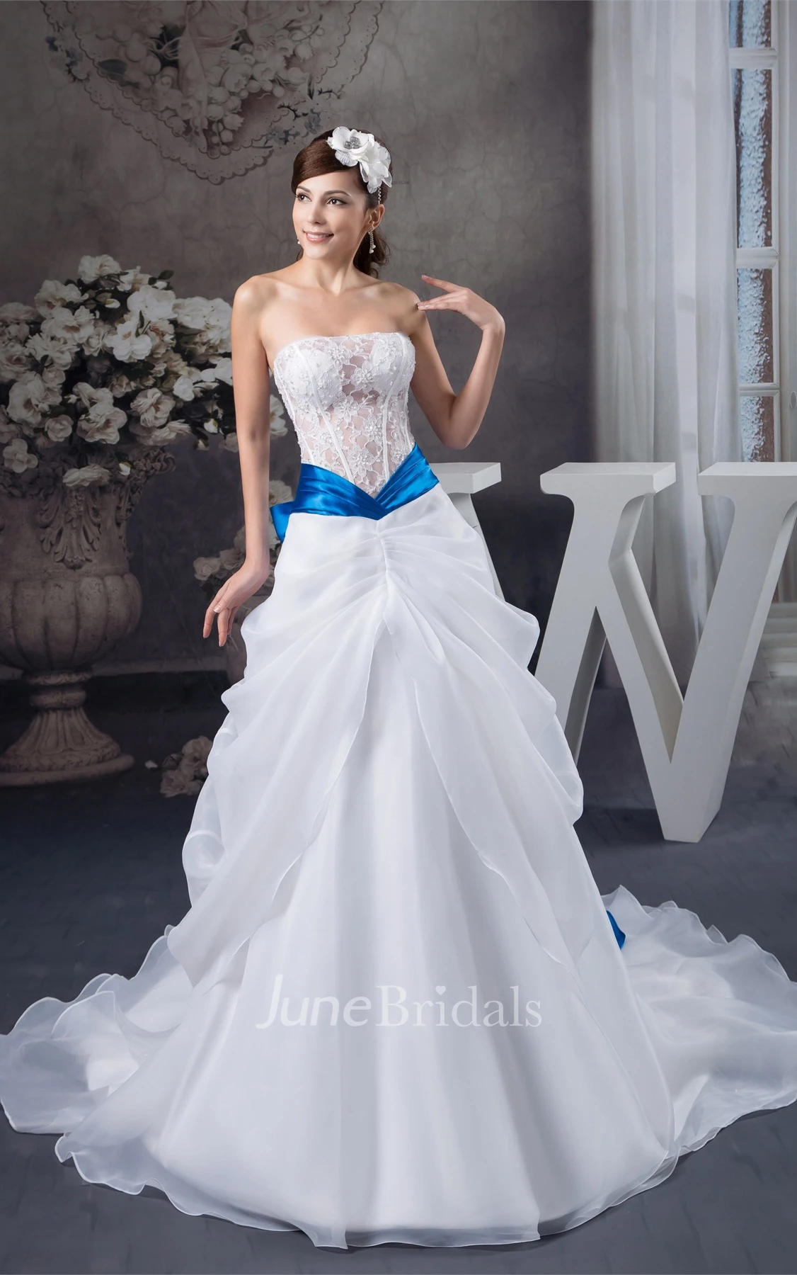 Strapless Lace A-Line Gown with Bow and Central Draping