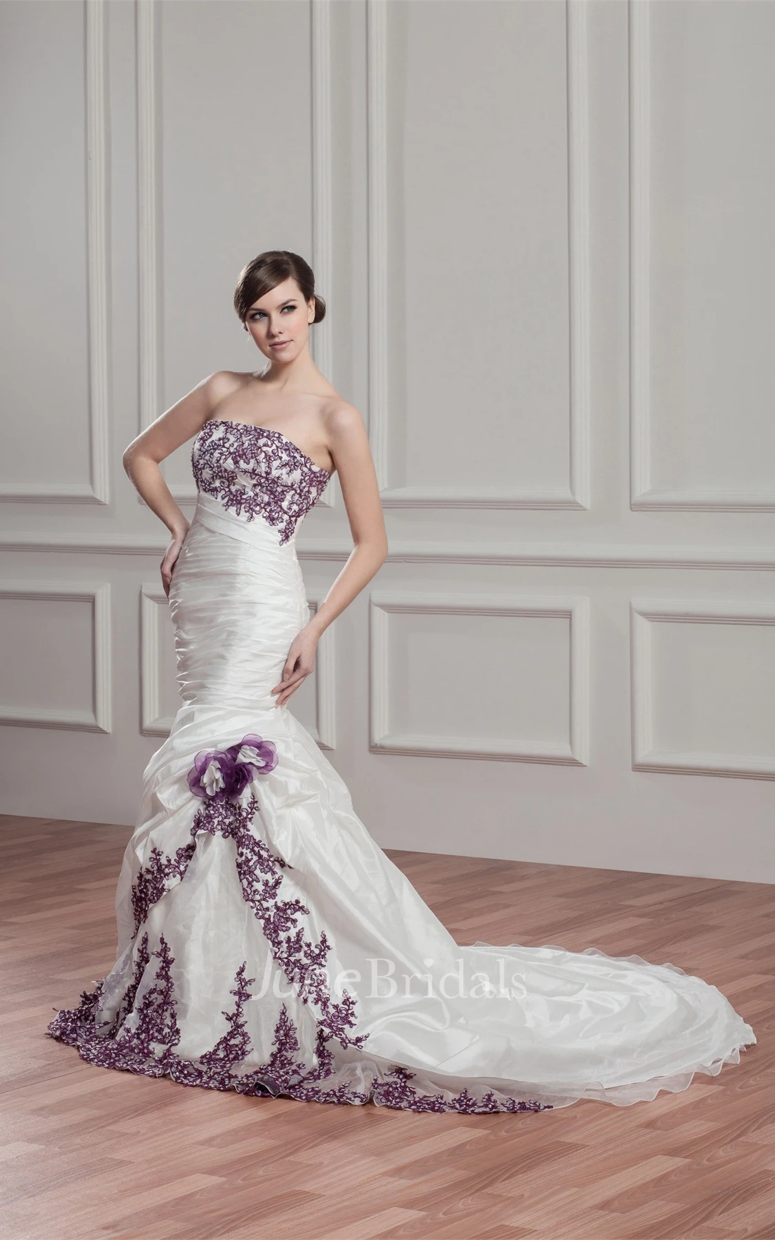 Strapless Mermaid Pick-Up Gown with Appliques and Ruching