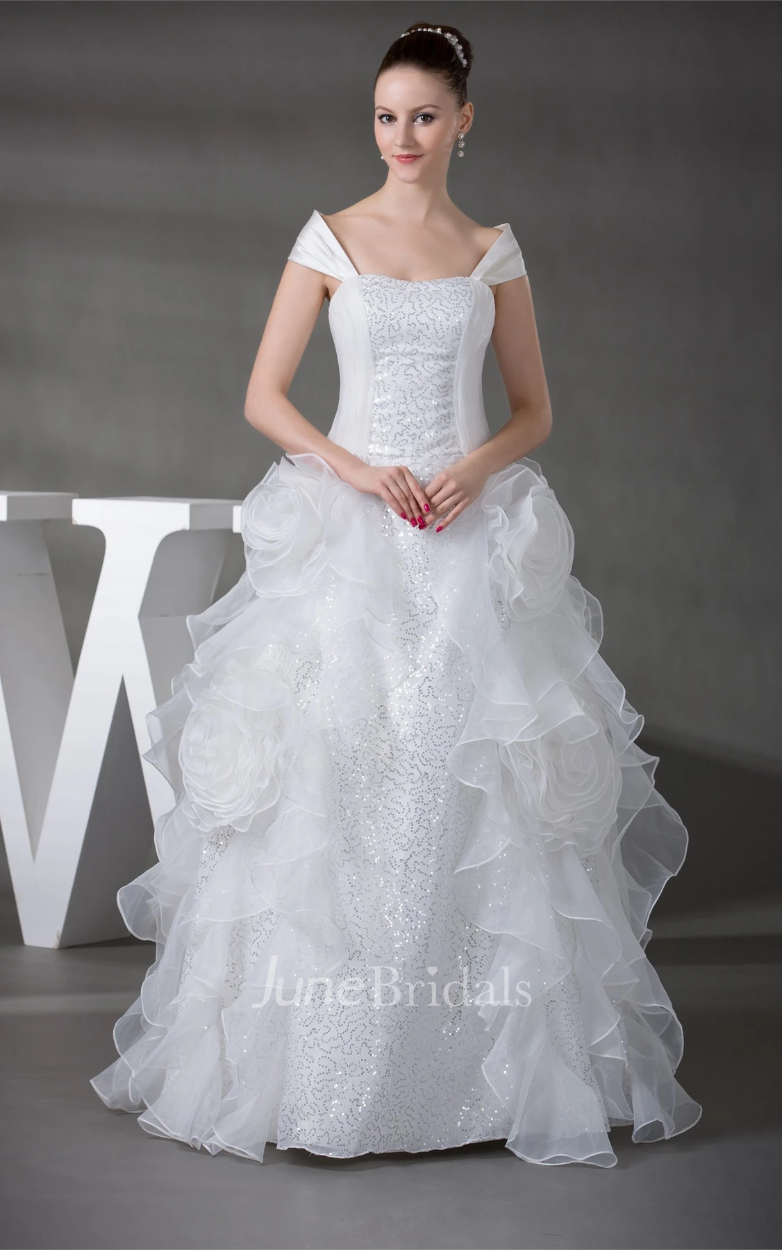 Caped-Sleeve Ruffled Ball Gown with Sequins and Flower