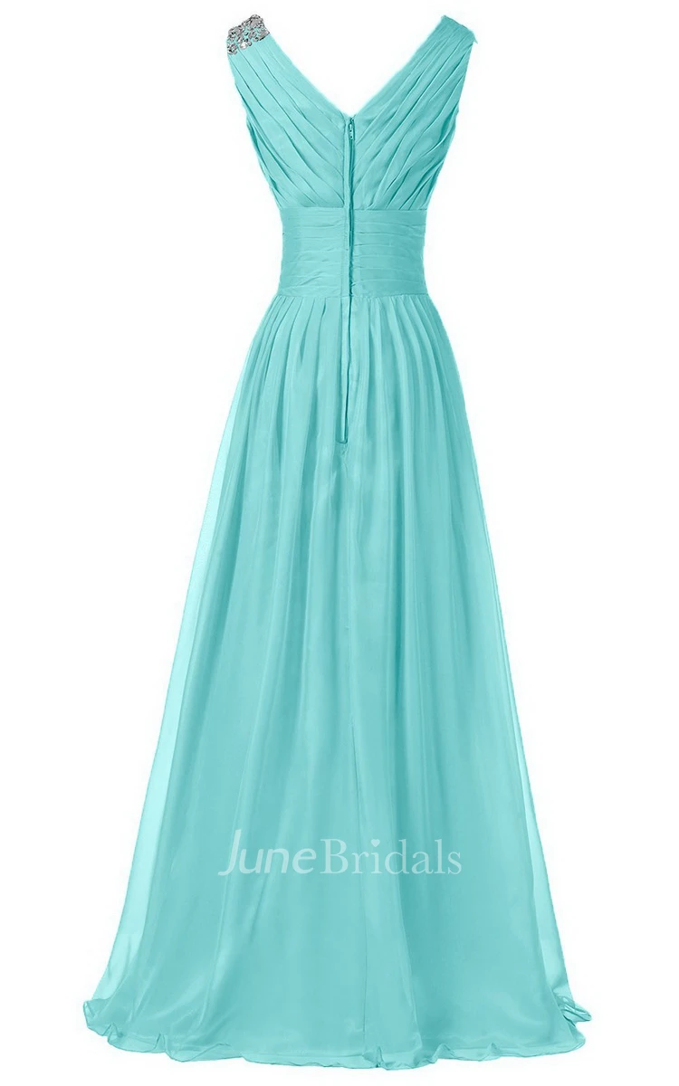 Sleeveless V-neck Long Dress With Draped Bodice