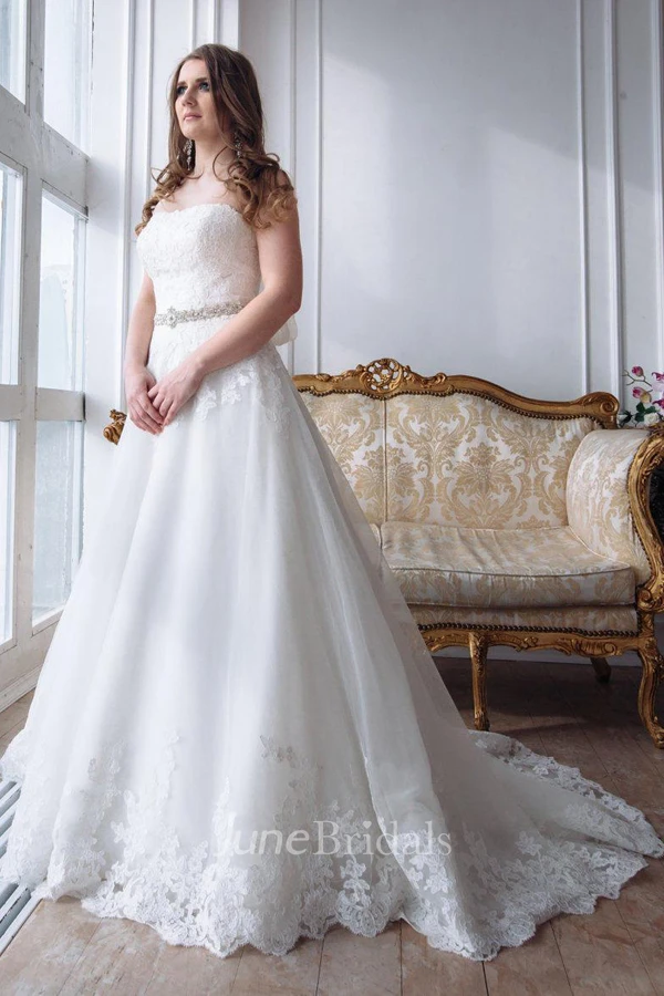 Strapless A-Line Ball Gown Appliqued Wedding Dress With Beaded Waist And Court Train