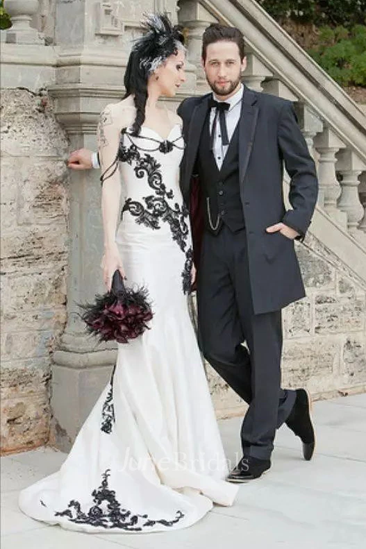 Mermaid Off-the-shoulder Satin Sweep Train Sleeveless Wedding Dress with Appliques and Cascading Ruffles